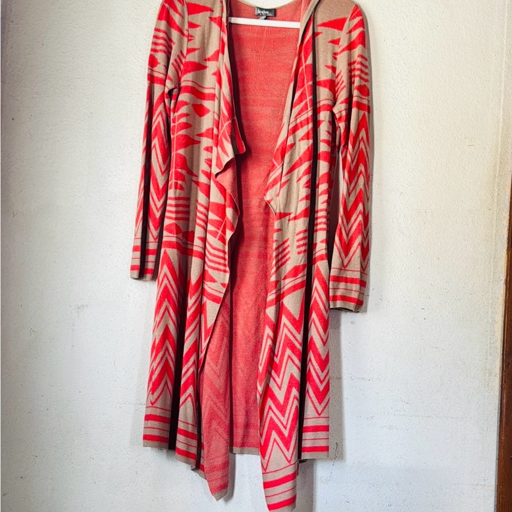 Neiman Marcus Red and Tan Cardigan Sweater with Waterfall Front